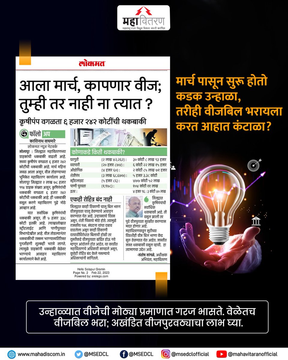 Maharashtra State Electricity Distribution Co. Ltd (@msedcl) on Twitter photo рд╡реАрдЬрдмрд┐рд▓ рдердХреАрдд рдЕрд╕рд▓реНрдпрд╛рдореБрд│реЗ рд╡реАрдЬрдкреБрд░рд╡рдард╛ рдЦрдВрдбрд┐рдд рдЭрд╛рд▓реНрдпрд╛рд╡рд░ рдЧреНрд░рд╛рд╣рдХрд╛рдВрдирд╛ рд╡реАрдЬрдмрд┐рд▓рд╛рдмрд░реЛрдмрд░ рдкреБрдирд░реНрдЬреЛрдбрдгреА рд╢реБрд▓реНрдХ рднрд░рд╛рд╡рд╛ рд▓рд╛рдЧрддреЛ. рдЖрдкрд▓реНрдпрд╛рд▓рд╛ рддреЛ рднрд░рд╛рдпрдЪрд╛ рдирд╕реЗрд▓ рддрд░ рдХреГрдкрдпрд╛ рд╡реАрдЬрдмрд┐рд▓ рд╡реЗрд│реЗрдд рднрд░рд╛рд╡реЗ.
#PayBillsOnTime
<a href="/lokmat/">Lokmat</a> рд╡реАрдЬрдмрд┐рд▓ рдердХреАрдд рдЕрд╕рд▓реНрдпрд╛рдореБрд│реЗ рд╡реАрдЬрдкреБрд░рд╡рдард╛ рдЦрдВрдбрд┐рдд рдЭрд╛рд▓реНрдпрд╛рд╡рд░ рдЧреНрд░рд╛рд╣рдХрд╛рдВрдирд╛ рд╡реАрдЬрдмрд┐рд▓рд╛рдмрд░реЛрдмрд░ рдкреБрдирд░реНрдЬреЛрдбрдгреА рд╢реБрд▓реНрдХ рднрд░рд╛рд╡рд╛ рд▓рд╛рдЧрддреЛ. рдЖрдкрд▓реНрдпрд╛рд▓рд╛ рддреЛ рднрд░рд╛рдпрдЪрд╛ рдирд╕реЗрд▓ рддрд░ рдХреГрдкрдпрд╛ рд╡реАрдЬрдмрд┐рд▓ рд╡реЗрд│реЗрдд рднрд░рд╛рд╡реЗ.
#PayBillsOnTime
<a href="/lokmat/">Lokmat</a>