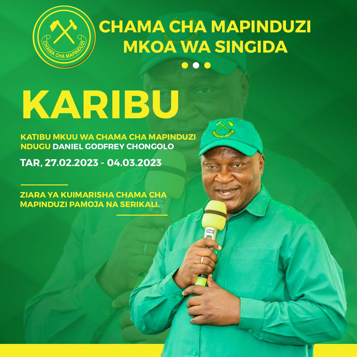 ccmiramba's tweet photo. KARIBU MKOA WA SINGIDA NDG DANIEL CHONGOLO KATIBU MKUU CCM , 
Viongozi,  wanachama na Makada wa chama cha mapinduzi tunakukaribisha Ndg Daniel Chongolo Katibu Mkuu wa Chama cha Mapinduzi @ccm_tanzania https://t.co/mqaKCBoiWr
