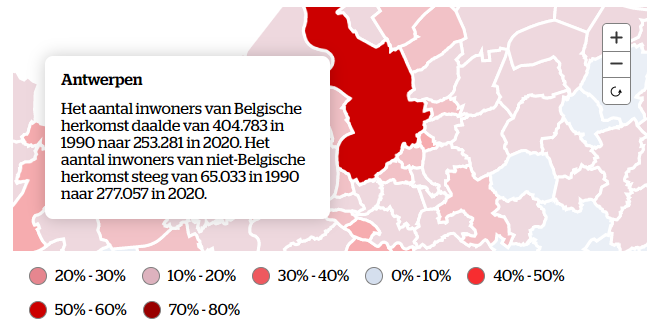 Krishnafred's tweet photo. Diegenen die de term omvolking die @FDW_VB hanteert nog steeds theorie noemen, zien de werkelijkheid niet. Dit zijn dan nog veelal academici. Autochtonen van 404>253, allochtonen van 65>277. Allochtonen in de meerderheid dus in #Anwerpen https://t.co/MxS65fb2fY