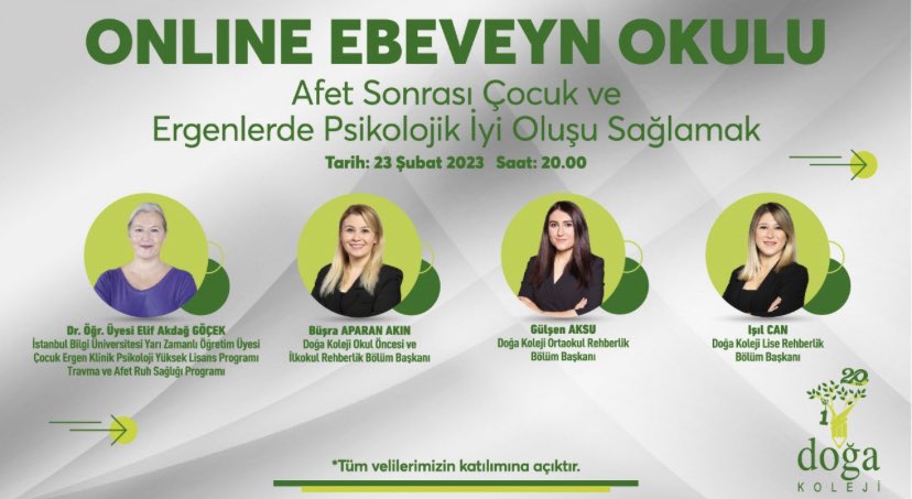 “Afet Sonrası Çocuk ve Ergenlerde Psikolojik İyi Oluşu Sağlamak” konulu seminerimize tüm velilerimiz davetlidir.
🗓️23.02.23
🕰️20.00
<a href="/DogaOkullari/">Doğa Koleji</a> <a href="/atasehir1doga/">Doğa Koleji Ataşehir 1 Kampüsü</a> <a href="/gulsenakssu/">Gülşen Arslan</a>