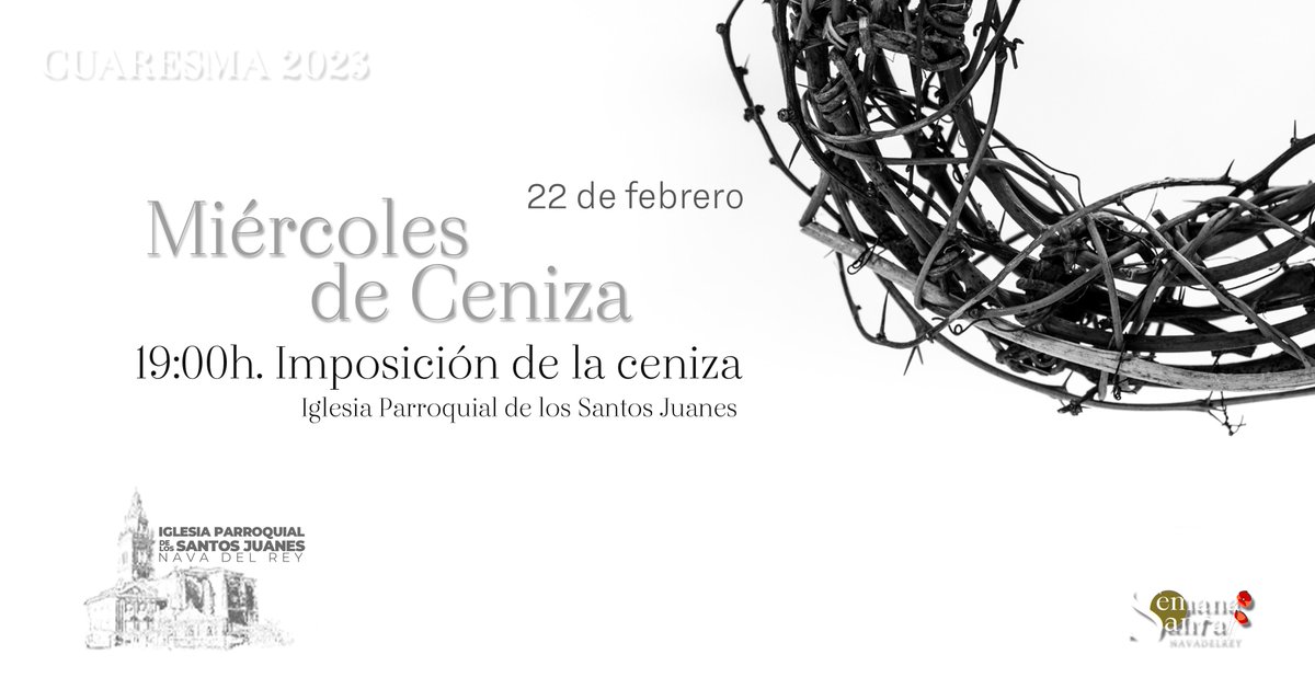 🔴Hoy 22 de febrero, Miércoles de Ceniza la imposición de la ceniza será a las 19:00h en la Iglesia Parroquial de los Santos Juanes.🕯
#Cuaresma2023 #NavadelRey #ceniza #ssantanavadelrey23