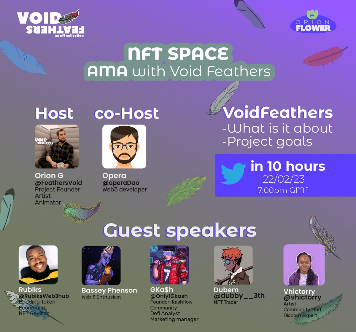 FeathersVoid's tweet image. Just 10 more hours to our FIRST (of many) AMA!
Join me and awesome speakears with many experience on the suject. 
I will give more information about the project and all what´s to come. 
#nftspace #NFTCommunity