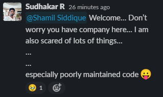 .<a href="/suDocker/">Sudhakar Rayavaram</a> revealing his deepest fears to the newbie. 

Welcome aboard, <a href="/shamil_sdq/">Shamil Siddique</a> 🎉

#JustTarkaThings 🙂