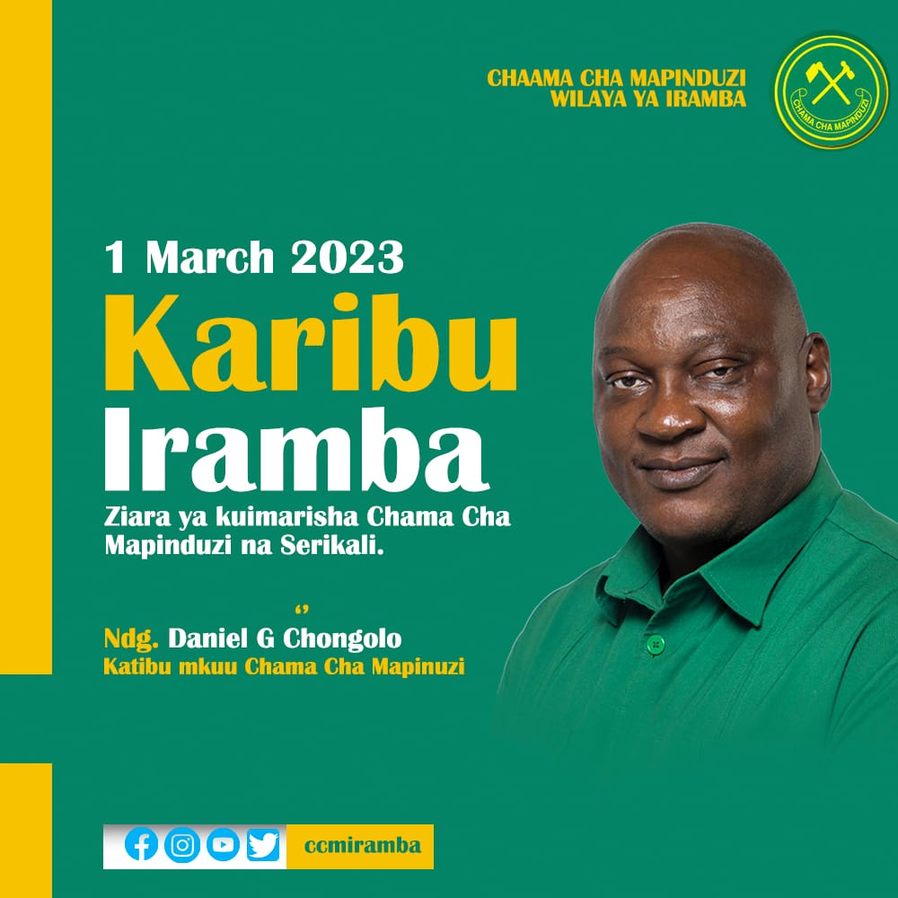 ccmiramba's tweet photo. Karibu sana Iramba Ndg. Daniel  Chongolo Katibu Mkuu CCM , 
Viongozi, wanachama na Makada wa chama cha mapinduzi tunakukaribisha Ndg Daniel Chongolo Katibu Mkuu wa Chama cha Mapinduzi , KARIBU SANA

#Irambankulu
#Karibukukole https://t.co/QQYJfGcYTT