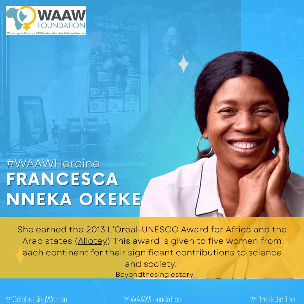 WAAW_Foundation's tweet photo. #BeInspired
Read more about Dr. Okeke here: https://t.co/M2GWdimQCR
To learn more about our efforts to build more leaders in STEM across Africa, visit https://t.co/6ieQf91iw3
#waawfoundation #wcw #women #education #changenarrative #sdg4 #girlchildeducation #womeinscience https://t.co/NtP0EvRrS8