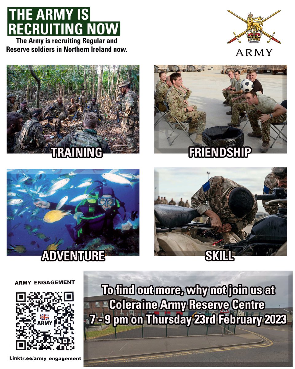 Come down and see what we could offer you, Coleraine Army Reserve Centre 7 - 9 pm, it might just change your life. 
#DefenceTeamNI #ArmyReserve #IrishGuards #IrishRanger #ReservesNI #Fighting40 #NorthernIreland #BFBSNorthernIreland #JobsNI #RecruitNI #Adventure #Travel #Friends