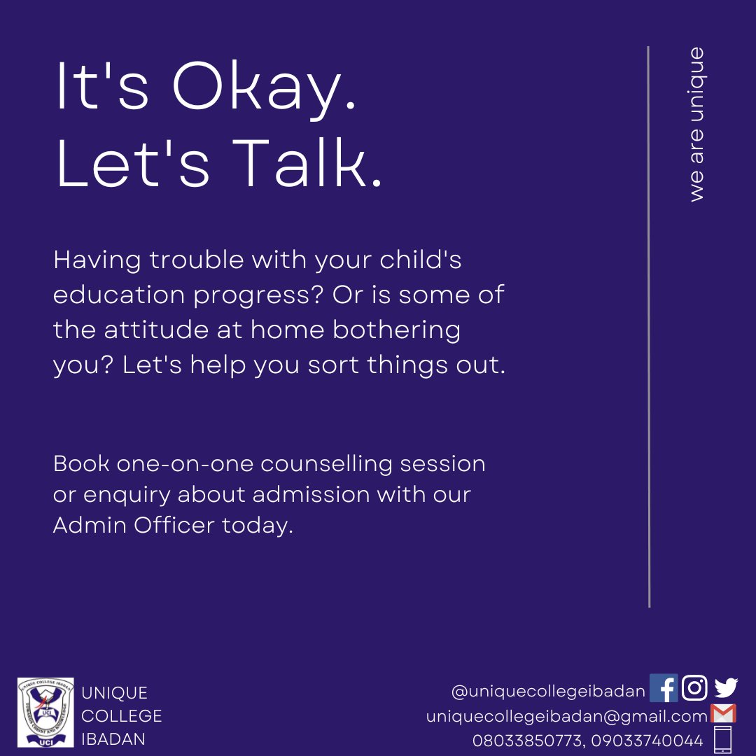 Don't do it alone, get help if you need some.

Talk to us.

#uniquecollege #uniquecollegeibadan #WeAreUnique #Happyresumption  #education #educationmatters #learningmatters #childeducation