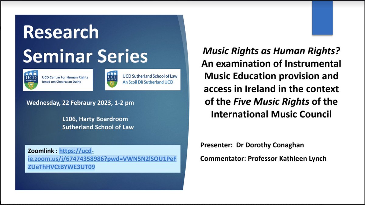 Weekly seminar

Dr Dorothy Conaghan (@IMC_Network), ‘Music Rights as Human Rights?’

#FiveMusicRights

TODAY Wed 22 Feb 2023

Commentator: Prof Kathleen Lynch

Venue:                  L106, Sutherland. Light lunch available.

Online:                 
ucd-ie.zoom.us/j/67474358986?…