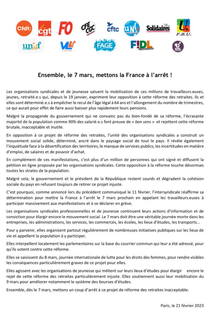 CFDT's tweet photo. || COMMUNIQUÉ DE PRESSE INTERSYNDICAL || Ensemble, le #7mars, mettons un coup d’arrêt à ce projet de réforme des #retraites inacceptable, mettons la France à l'arrêt ! https://t.co/cddRjieqYp #ReformeDesRetraites #64ansCestNon https://t.co/CMMpc0lFZi