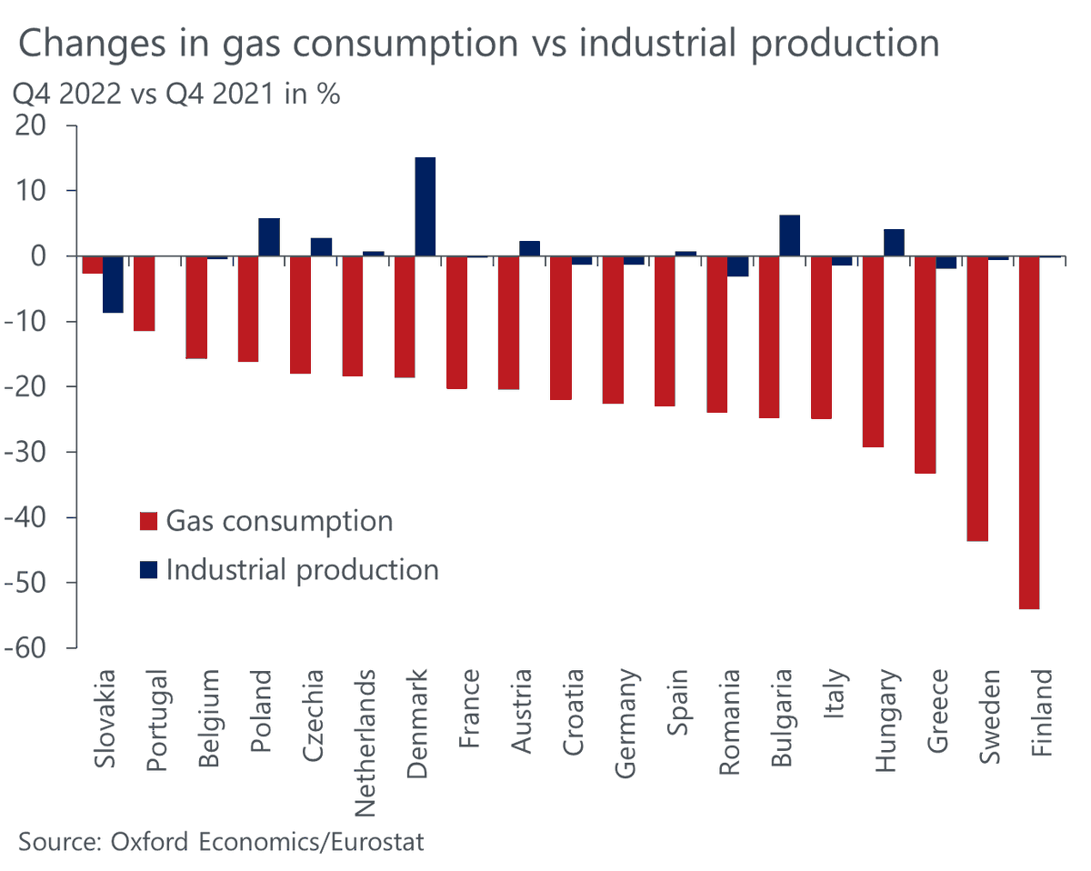 One of the most astonishing charts from the energy crisis: a reduction of gas consumption in Europe of over 20% with no perceptible impact on industrial output across most countries.
