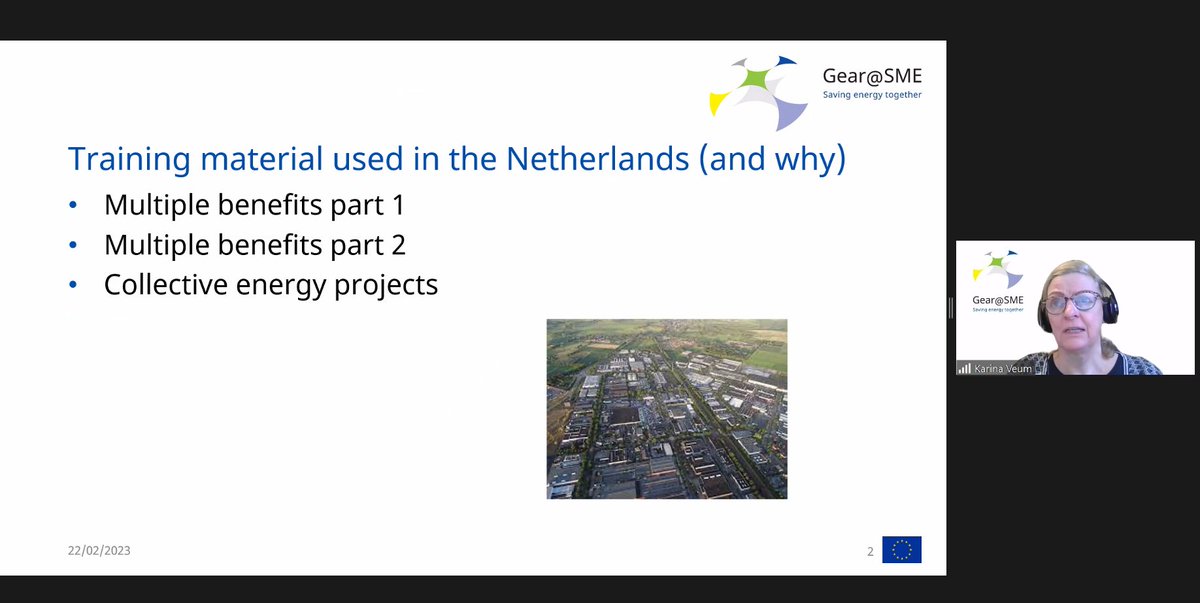 In the second presentation of our webinar, our consortional leader Karina Veum explains what experiences have been made with the GEAR@SME #trainings on energy saving in #SMEs in the use case in the #Netherlands.