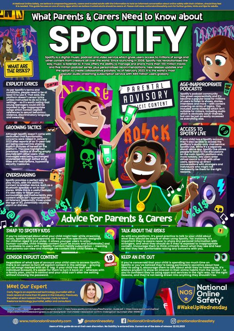 EvolveAcademyUK's tweet photo. Is Spotify hitting the right #OnlineSafety notes? 🎶🎧 It’s become the world’s most popular music streaming service – but how suitable is it for children to listen to? Our #WakeUpWednesday guide brings you the inside track on #Spotify #NationalOnlineSafety🎤👨‍🎤 https://t.co/k2JSEdKG89