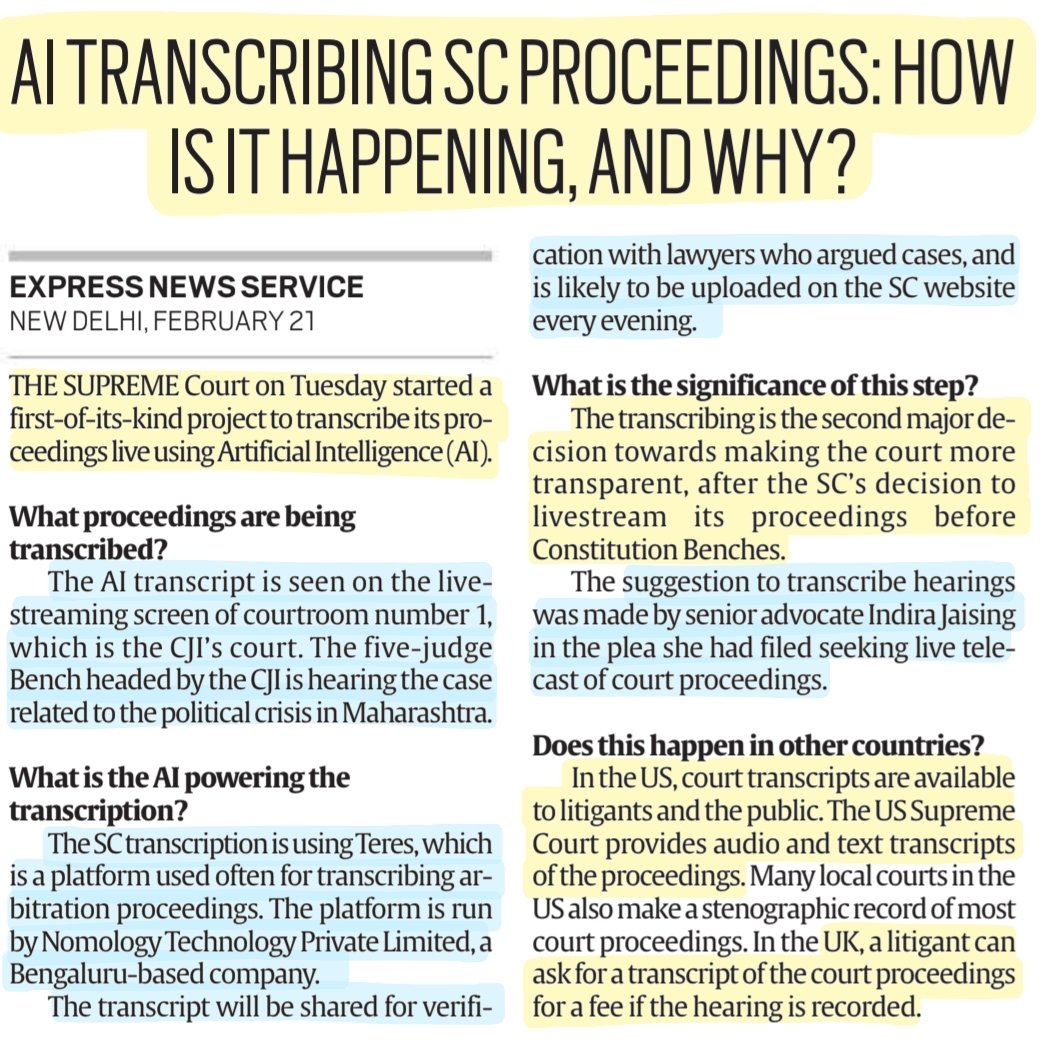 imRavikantYadav's tweet image. &apos;AI transcribing Proceedings:How is it happening,and Why?&apos;
-Explained

#SupremeCourt #Transcribe #Teres #transparency
#ArtificialIntelligence #Artificial_Intelligence #AI 
#Judiciary #Law 

#UPSC #UPSC2023 #UPSCPrelims2023 

Source:IE