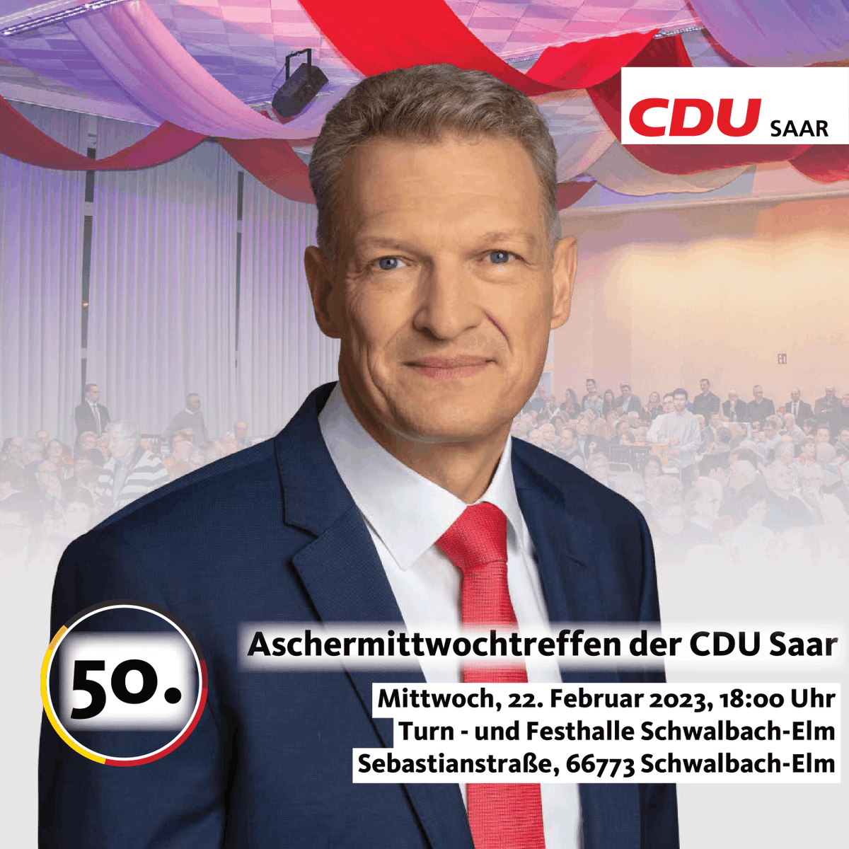 cdu_saar's tweet image. ➡️Heute steht das #Aschermittwochtreffen der CDU Saar in Schwalbach-Elm an! Unser Landesvorsitzender @Stephan_Toscani wird als Hauptredner die Aschermittwochsrede halten👍 
Über unsere SoMe-Kanäle halten wir euch auf dem Laufenden.