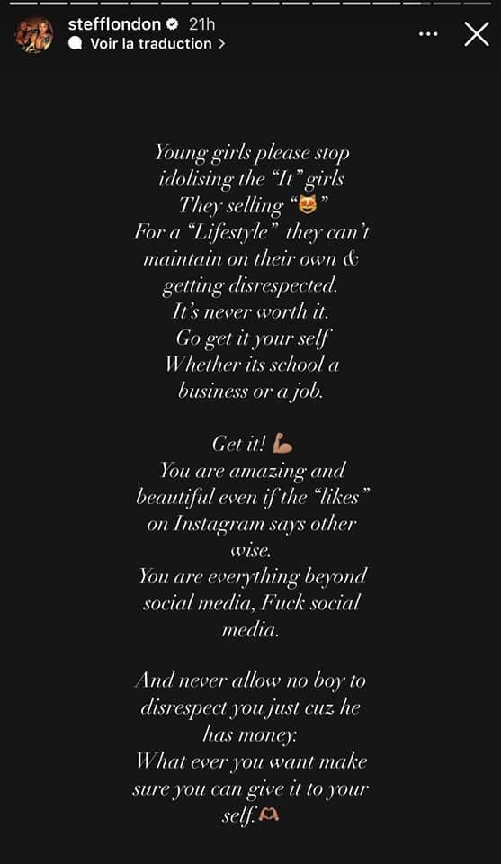 ZonePresse_'s tweet image. #PROPOS - "Les filles doivent cesser de vénérer les "It" girls. Elles vendent leur "chatte" pour un train de vie qu'elles ne peuvent pas maintenir par elles-mêmes et ne sont pas respectées." Stefflon Don via sa story Instagram
