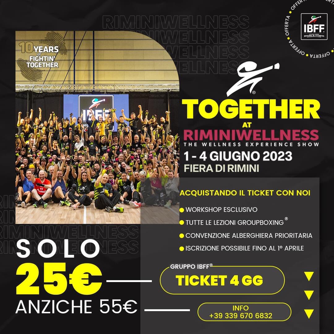 ibffofficial's tweet photo. 𝙑𝙞𝙚𝙣𝙞 𝙘𝙤𝙣 𝙣𝙤𝙞 𝙖𝙡 RiminiWellness!
‼️ Ticket 4 giorni a 25€ anzichè 55€
X i primi 60:
-Workshop esclusivo
-Priorità convenzione alberghiera
-Priorità accesso alle lezioni GroupBoxing®
info +39 339 670 6832
https://t.co/f9R6jrd6Ak
#groupboxing #ibff #RiminiWellness https://t.co/wHV1FQXcbK