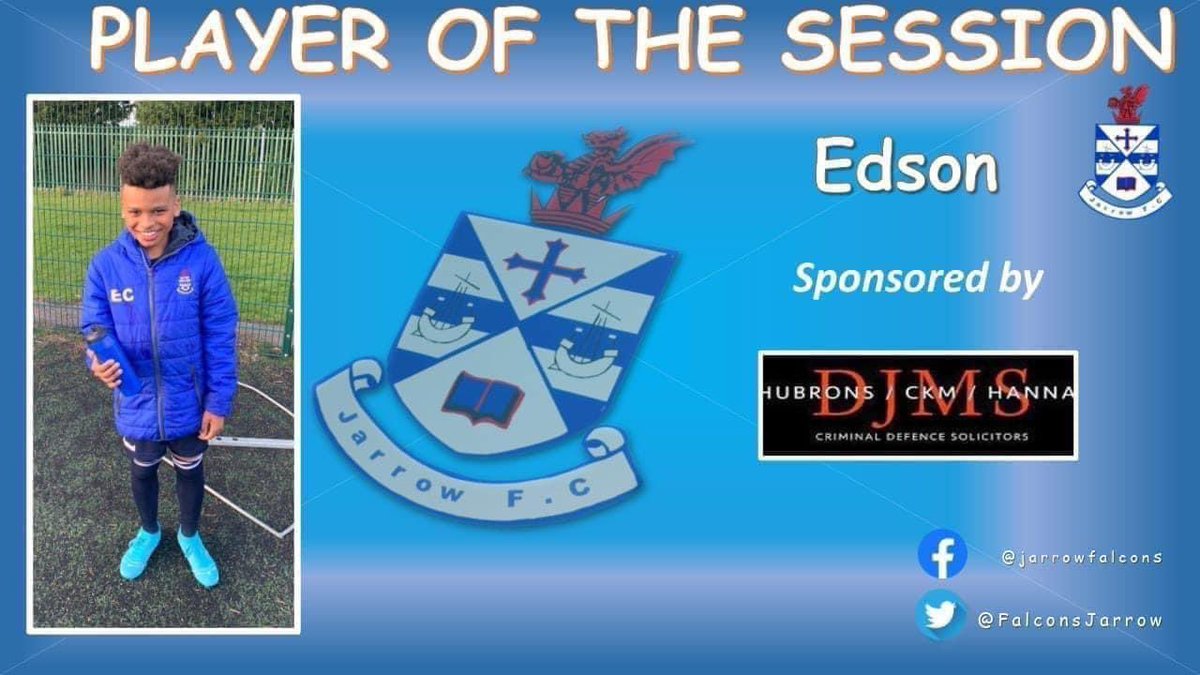 FalconsJarrow's tweet photo. Well done to Edson, who was Player of the Session on Monday night. Super attitude in our 1v1 session, both in his defensive &amp; attacking work. Great stuff👍🏻⚽️

Player sponsored by DJMS Solicitors

Team player sponsored by 
A&amp;J Power Services 
Top Marks Ltd.

Jarrow FC https://t.co/pwAh3bmQSA