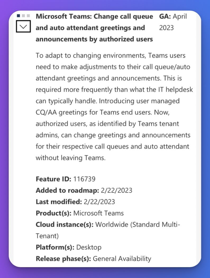tomarbuthnot's tweet photo. A long requested feature.

Authorised Teams end users will be able to change greetings and announcements for their specific call queues and auto attendant without leaving Teams.

#MicrosoftTeams #UCaaS https://t.co/z2fxs1vDoK