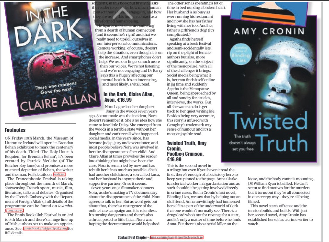 Reviews of Claire Allan's In the Dark, Dr Harry Barry's The Power of Connection, Ciara Geraghty's Queen Bee and Amy Cronin's Twisted Truth in this wk's Chronicle and other papers. <a href="/patriciamcveigh/">Patricia McVeigh</a> <a href="/HCinIreland/">HarperCollins_Ire</a> <a href="/ElaineEgan_/">Elaine Egan</a> <a href="/orionbooks/">Orion Publishing</a> <a href="/PoolbegBooks/">Poolbeg</a>