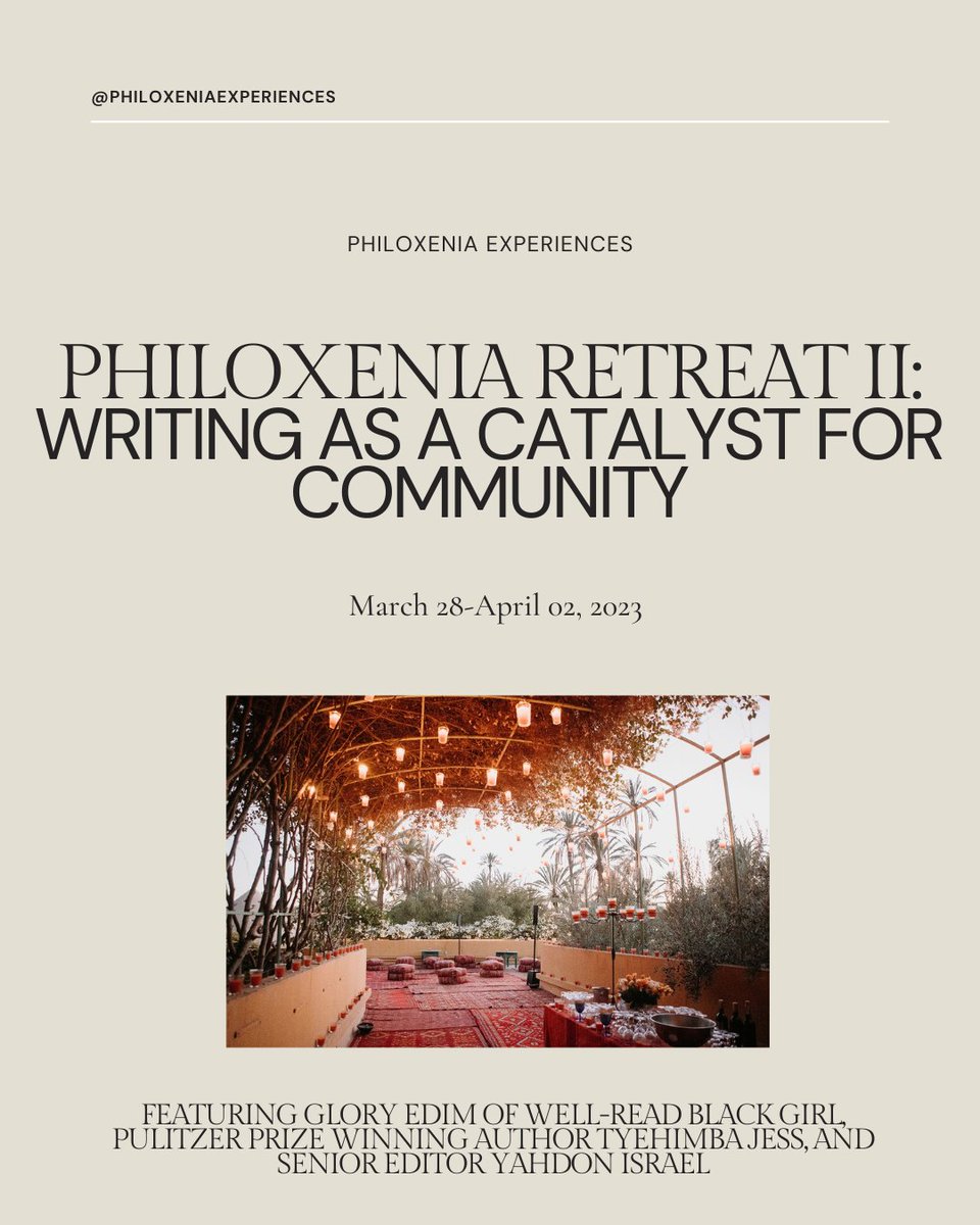 wellreadblkgirl's tweet image. Join me in Morocco! Introducing 💜 PhiloXenia Creative Writing Retreat #LetsWriteTogether  mailchi.mp/wellreadblackg…