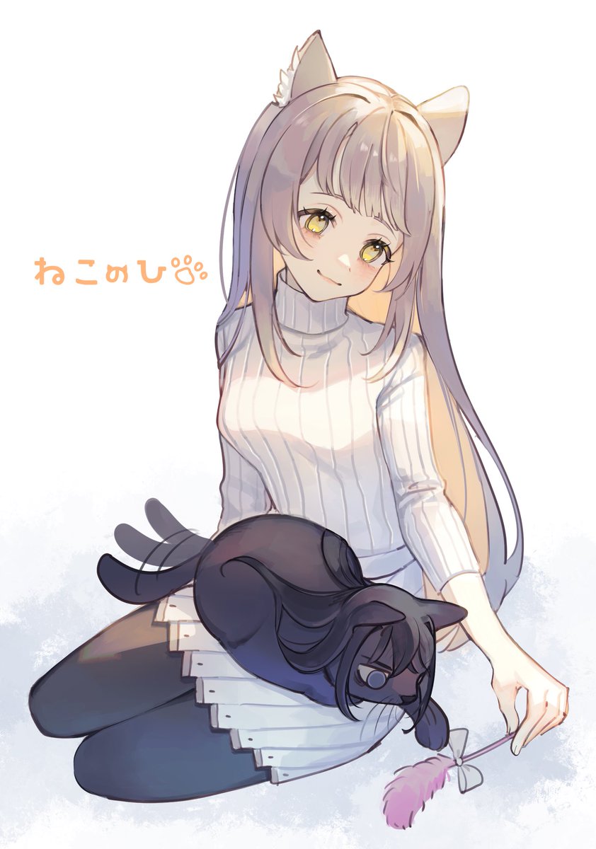 animal ears cat sweater long hair cat ears pantyhose 1girl  illustration images