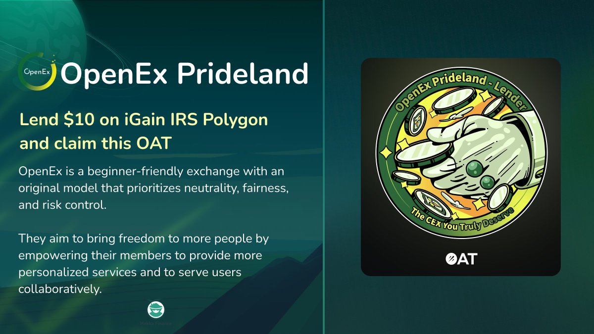 📢 Claim this OAT!

Be proud of your #DeFi journey and wear this badge by lending at least $10 on iGain.Finance/IRS via Polygon.

In collaboration with @OpenEx_HQ.

🔗 galxe.com/OpenEx/campaig…