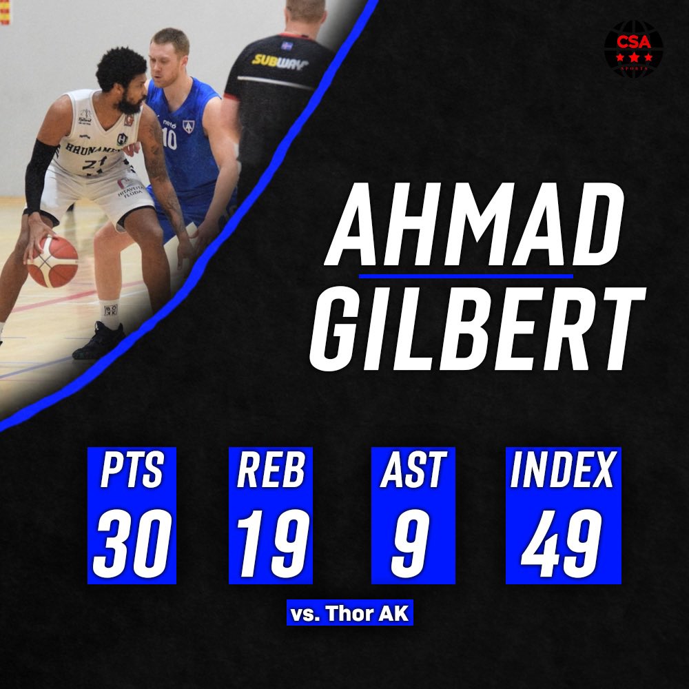 DOUBLE-DOUBLE🚨: A great effort by <a href="/GilbertAhmad/">RIP FRAN 5/11</a> to will his team to victory behind 30 pts, 19 rebs and 9 ast! 🇮🇸 #csasportsmanagement