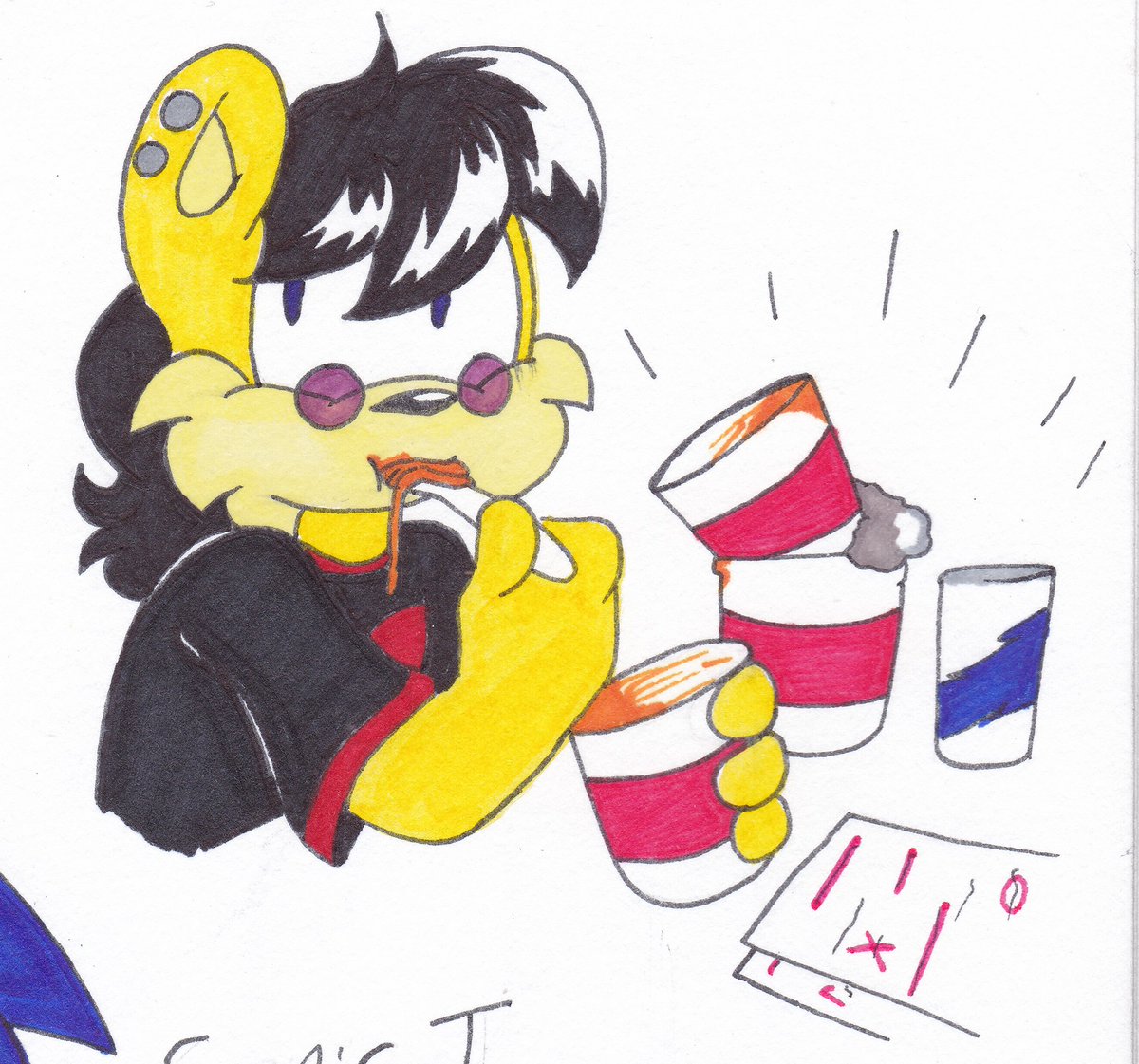 MomosVee's tweet photo. When Ash is alone and has alot of paperwork he makes quick meals of instant Cheesy Noodles, and energy drinks to help him stay up and full.

When he was dating Mina she let him continue this habit, but when he started dating Sonic, he tries to get Ash to eat more healthy
#sonash https://t.co/ko9AorhVSm