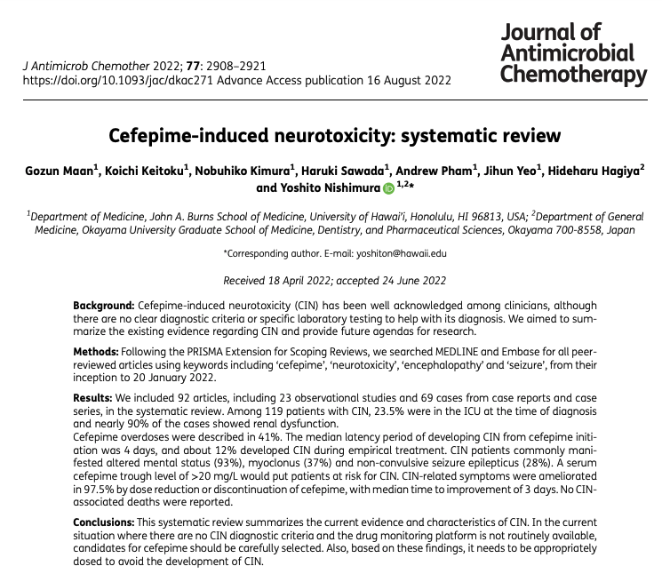 Takahiro Matsuo (Taka), MD (@takamatsuo_id) on Twitter photo 【Cefepime-induced neurotoxicity】Key article #1
📁J Antimicrob Chemother 2022
📁Cefepime-induced neurotoxicity: systematic review
pubmed.ncbi.nlm.nih.gov/35971666/
<a href="/yoshi735/">Yoshito Nishimura</a> 【Cefepime-induced neurotoxicity】Key article #1
📁J Antimicrob Chemother 2022
📁Cefepime-induced neurotoxicity: systematic review
pubmed.ncbi.nlm.nih.gov/35971666/
<a href="/yoshi735/">Yoshito Nishimura</a>