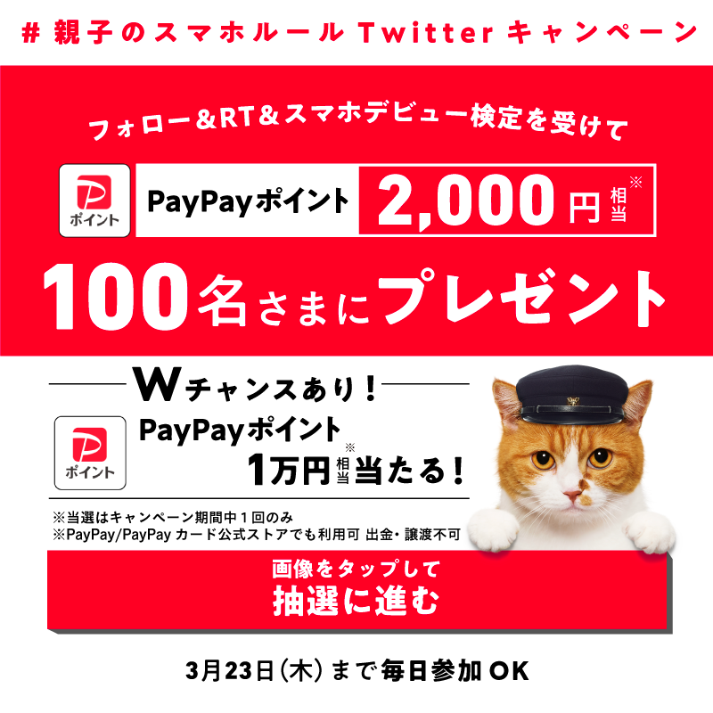 ymobileOfficial's tweet photo. ／
抽選で100名様さまに
PayPayポイントがその場で🎯
＼
1⃣@ymobileOfficialをフォロー
2⃣この投稿をRT (2/25 9:59迄)
3⃣画像をタップ&amp;スマホデビュー検定を
受けて抽選結果を確認👇

はずれてもWチャンス🎉

規約https://t.co/cbkLBIyTKk

#ワイモバ親子割 好評受付中👨‍👩‍👧
https://t.co/XJJaCbV8ao