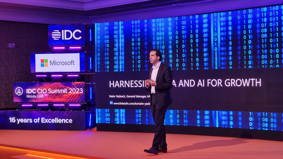 MicrosoftUAE's tweet image. Gain insights and learn more about harnessing data and AI for growth with Naim Yazbeck, General Manager, Microsoft UAE during his session at @IDCMEA. Be sure to join us and to explore the latest innovations to help your organizations thrive.

#MicrosoftUAE #CloudPC #IDCCIOSummit