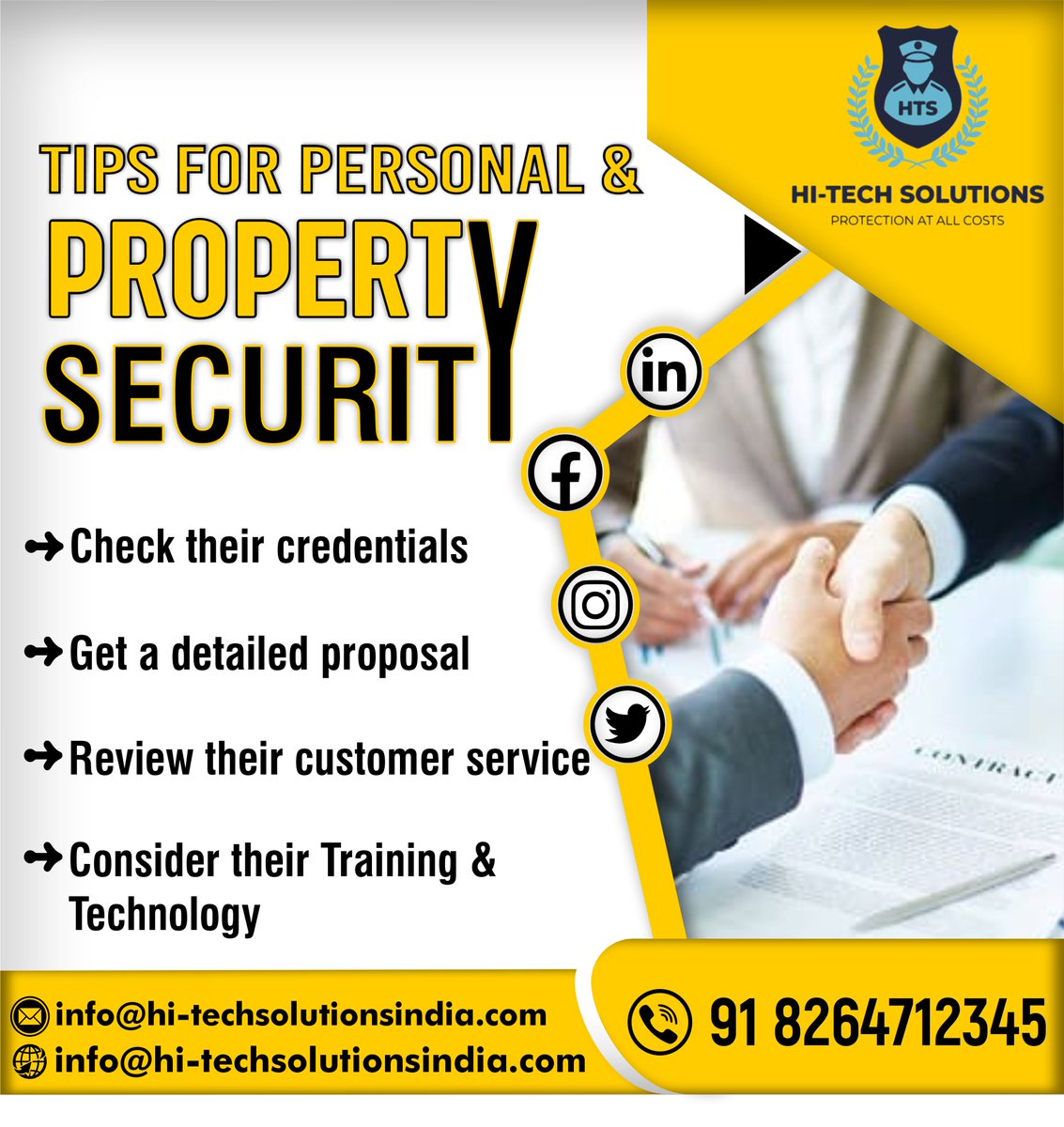 HiTechSolu's tweet photo. TIPS FOR PERSONAL & PROPERTY SECURITY
โ Check their credentials
โGet a detailed proposal
โReview their customer service
โConsider their Training & Technology
for more details contacts us :- +91 7948496880
visit our website :- https://t.co/7GbXprmZhg
.
.
.
#HiTechSolutions https://t.co/qvpVMV0Kfi