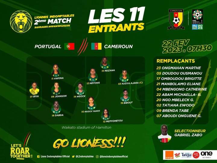 ⚽️🔥 #MATCHDAY

Le XI entrant des #LionnesIndomptables. 

#PORTUGAL 🇵🇹 🆚 🇨🇲 #CAMEROUN

📆 22/02/2023
⏰ 07H30
🏟️ Waikato stadium of Hamilton
<a href="/lataniere237/">La Tanière²³⁷ 🦁</a> <a href="/thyberusk93/">J'suis personne 🤫</a> <a href="/KukusMelo/">1 kīlø dę Rīz 🇨🇲🇨🇴</a> @GuySerge92