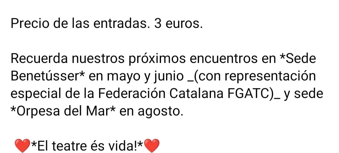 Ambfiteatre's tweet photo. I @Ambfiteatre estarem a Elx el proper 10 de març a la VI Mostra de Teatre amateur de la @FtacvTeatre ! 👏👏👏
Emoció màxima! 😉💪 https://t.co/ob9ZYT7pwk