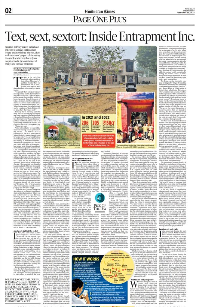 Sextortion rackets, mostly operating out of Mewat region, are leaving some of their victims hopeless &amp; dead.

HT does a deep dive into this crime that's so easy to operate &amp; tough to crack.

Helmed by <a href="/writemeenal/">Meenal Baghel</a>, I report with three colleagues -- Shrinivas, Gautam &amp; Vijay.