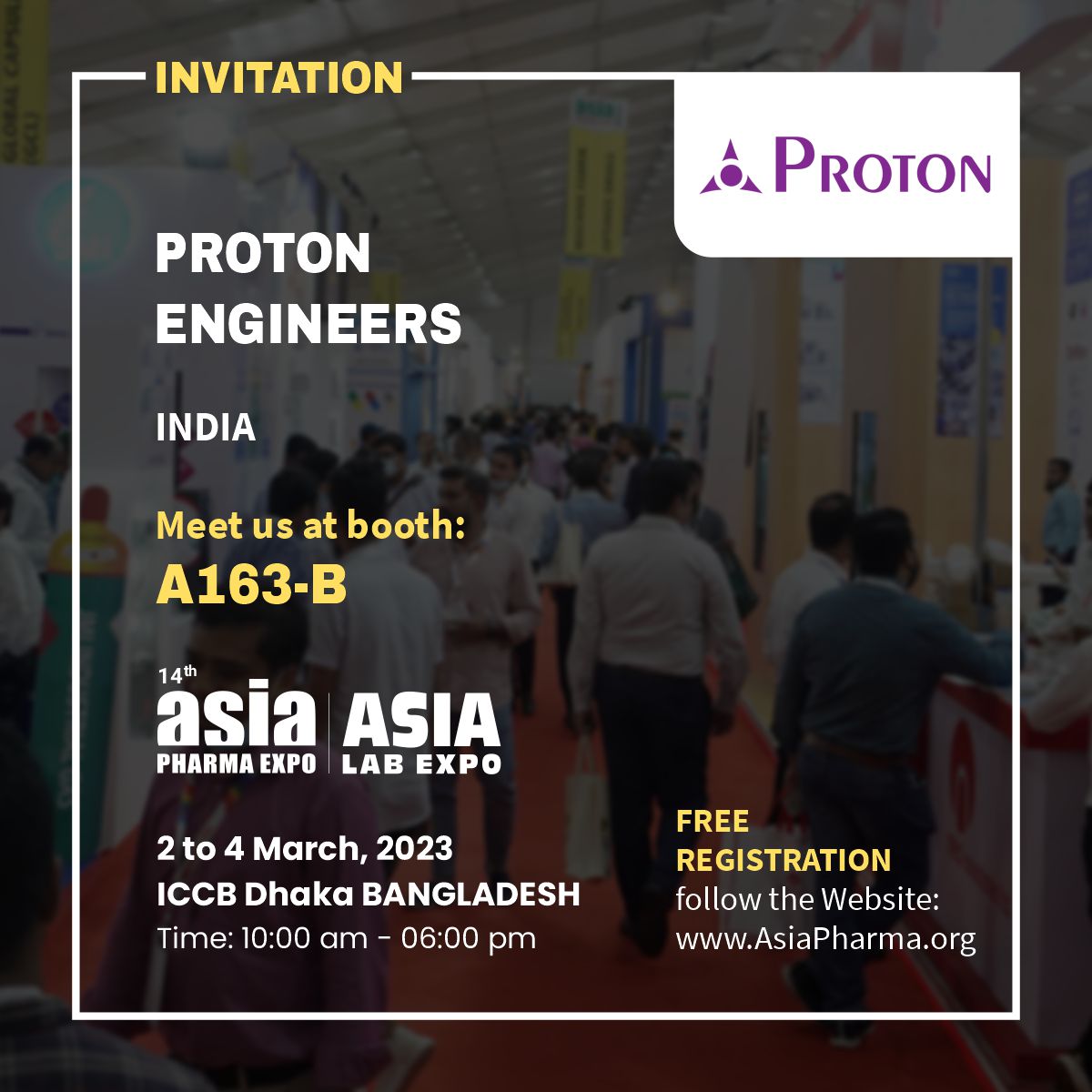 p_asiapharma's tweet photo. Meet us @ Proton Engineers
14th ASIA PHARMA EXPO 2023
ASIA LAB EXPO 2023
Dhaka BANGLADESH
March 2 to 4, 2023
Register to get your free pass!
https://t.co/jU9FPHdRzU
#AsiaPharmaExpo2023 #AsiaPharmaExpo #AsiaPharma #AsiaLabExpo #PharmaExpo2023 #Pharma #Bangladesh https://t.co/Ov8vtvWghs