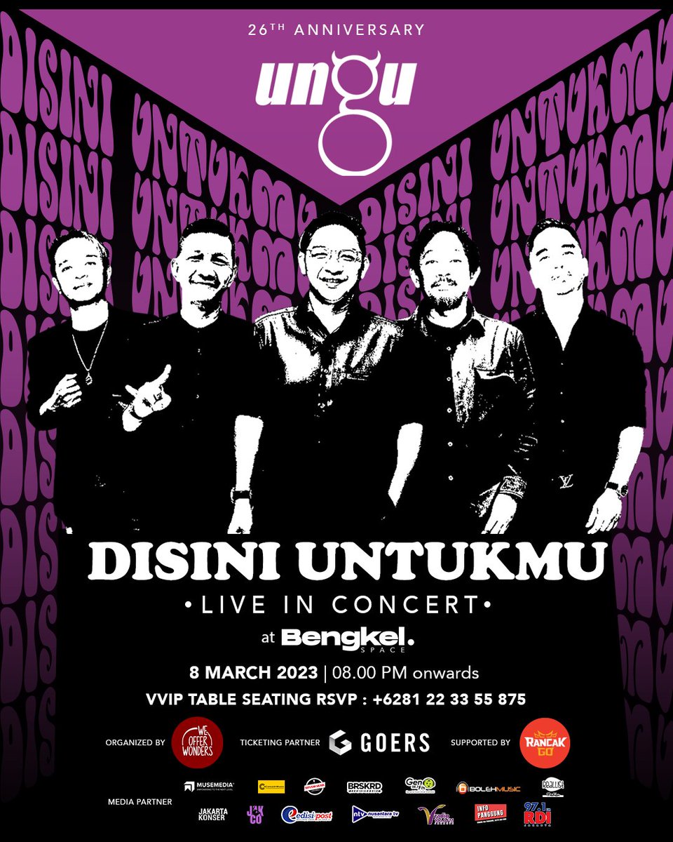 Grup band Ungu bakal gelar konser tunggal di Bengkel SCBD, Jakarta.

Tiket bisa dipesan di aplikasi Goers.

Pemesanan VVIP Table Seating bisa menghubungi nomor telepon +6281 22 33 55 875 

#KonserUngu #Ungu #WeOfferWonders
