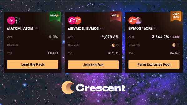 CrescentHub's tweet photo. 🚨New Pair Alert🚨
Welcome @EvmosOrg to @CrescentHub 🎉
You can now experience an optimized trading journey on Crescent DEX with these new pairs:

$stATOM / $ATOM
$stEVMOS / $EVMOS
$EVMOS / $bCRE

Pairs now incentivized on Crescent DEX!
https://t.co/0dx5KMqASv https://t.co/L5gTdwloz1