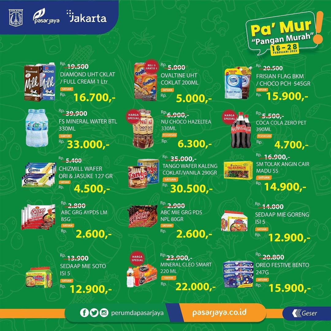 DKIJakarta's tweet photo. Berikut promo #PaMur yang tersedia di Gerai #JakGrosir, #JakMart &amp; #MiniDC Perumda Pasar Jaya.

Periode hanya dari 16 Februari so 28 Februari 2023, jangan sampai kehabisan ya!

#DKIJakarta
#suksesjakartauntukindonesia https://t.co/BAfzj5wEim