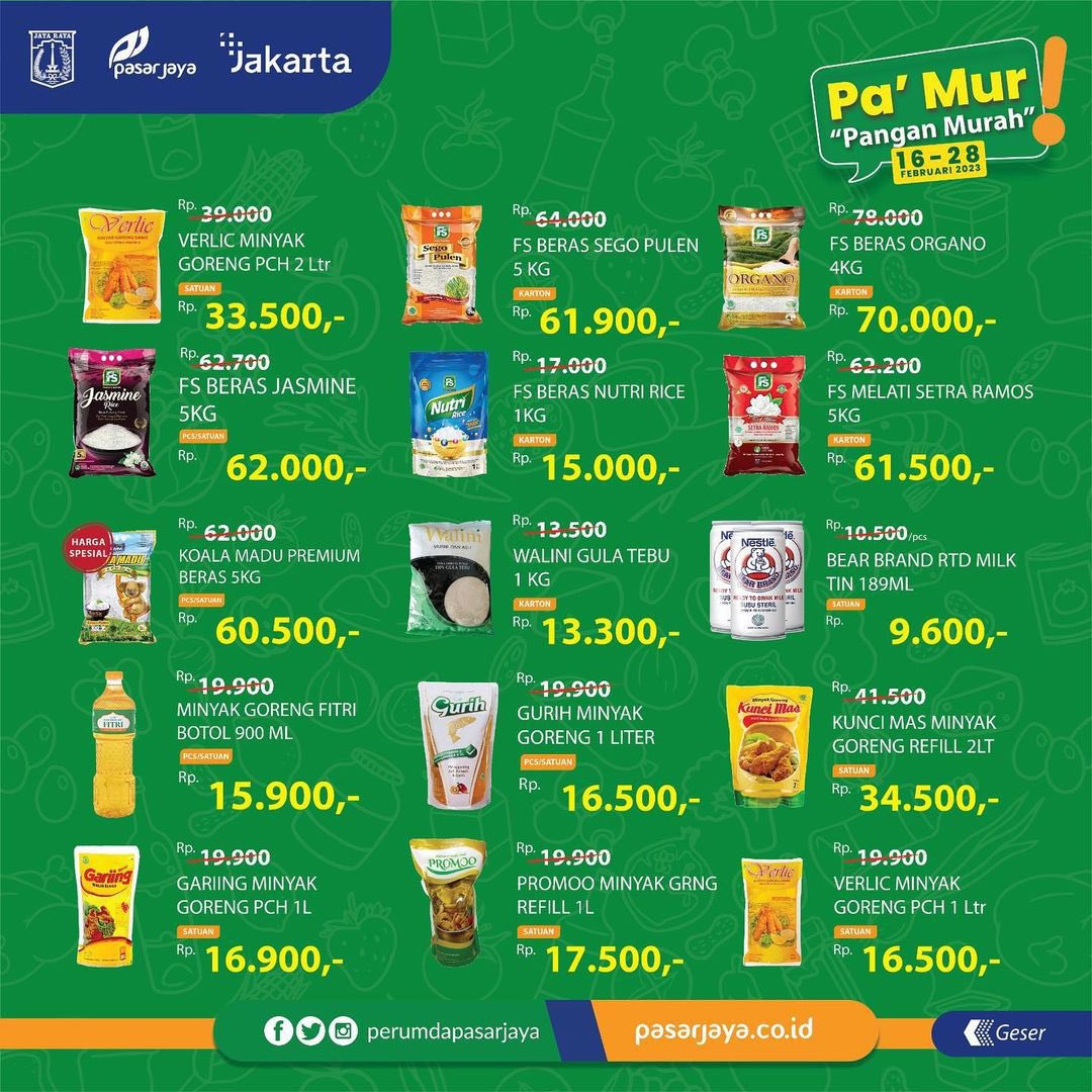 DKIJakarta's tweet photo. Berikut promo #PaMur yang tersedia di Gerai #JakGrosir, #JakMart &amp; #MiniDC Perumda Pasar Jaya.

Periode hanya dari 16 Februari so 28 Februari 2023, jangan sampai kehabisan ya!

#DKIJakarta
#suksesjakartauntukindonesia https://t.co/BAfzj5wEim