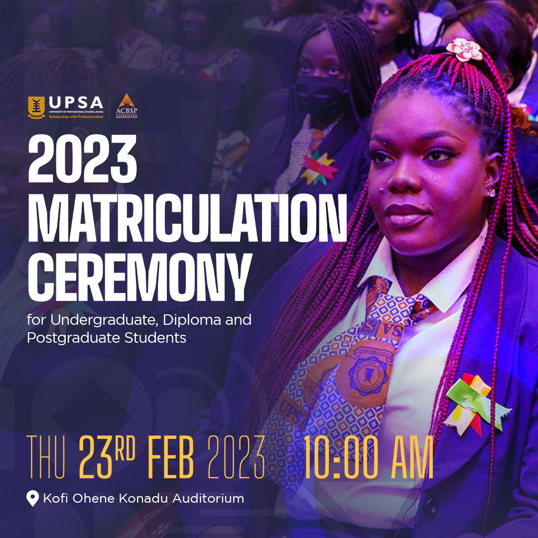 upsaccra's tweet photo. 2023 Matriculation is officially here!
Join on Thursday as we formally welcome fresh undergraduate, diploma and postgraduate students into the Professional University.🤗
#UPSA #WelcomeToUPSA #Matriculation2023 https://t.co/0youxi1rEb