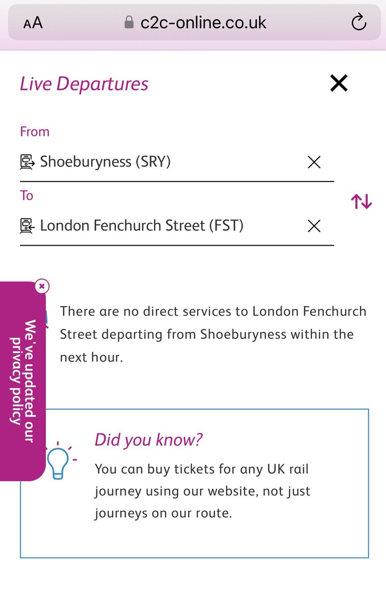 Scott_e_James's tweet photo. @c2c_Rail Same for Shoeburyness to FST. https://t.co/y0dqUURZWb
