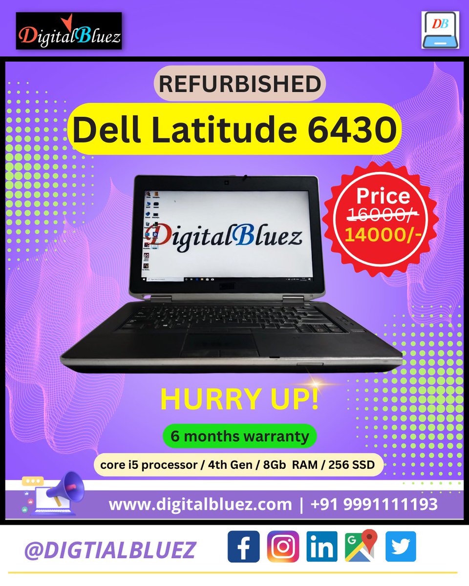 DigitalBluez_IT's tweet photo. Refurbished 
Dell Latitude 6430 Laptop
.
.
follow us👇
Facebook: https://t.co/pqT7yMPvoQ
Instagram: https://t.co/BwIzH2mKSY
LinkedIn: https://t.co/SaYBJtJ0ko
Twitter: https://t.co/zANQzGx8jX

#refurbishedlaptop #wholesalelaptopprice #trendingreels #delllatitude #noida https://t.co/ZH3TL21Twg