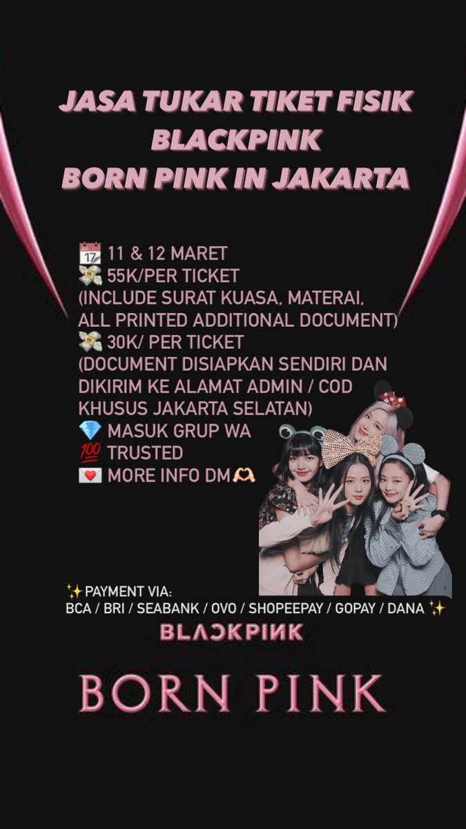 🚨OPEN JASA TUKAR TIKET BLACKPINK BORNPINK JAKARTA🚨

🌻 DETAIL ON PICT
💯 TRUSTED
💌 MORE INFO DM🫶🏻

FILL FORM: forms.gle/rDRjU55MezSwmR…

#blackpink #lisa #jennie #rose #jisoo #tukartiketblacpink #bornpinkjakarta #blackpink #bornpinkinjakarta #konserjakarta #jastipblackpink