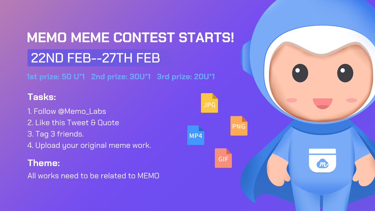 MemoLabsOrg's tweet photo. MEMO #MEMECONTEST STARTS!🏃

Time to run your imagination.🧠

Click the image to check how to take participate.

⏰TIME:22nd --27th Feb

💵Prize Pool: 100 USDT

❓Any questions are welcome to communicate in our TG and DC at any time.

#meme #giveaway #airdrop #memolabs https://t.co/6iOSq5LgFL