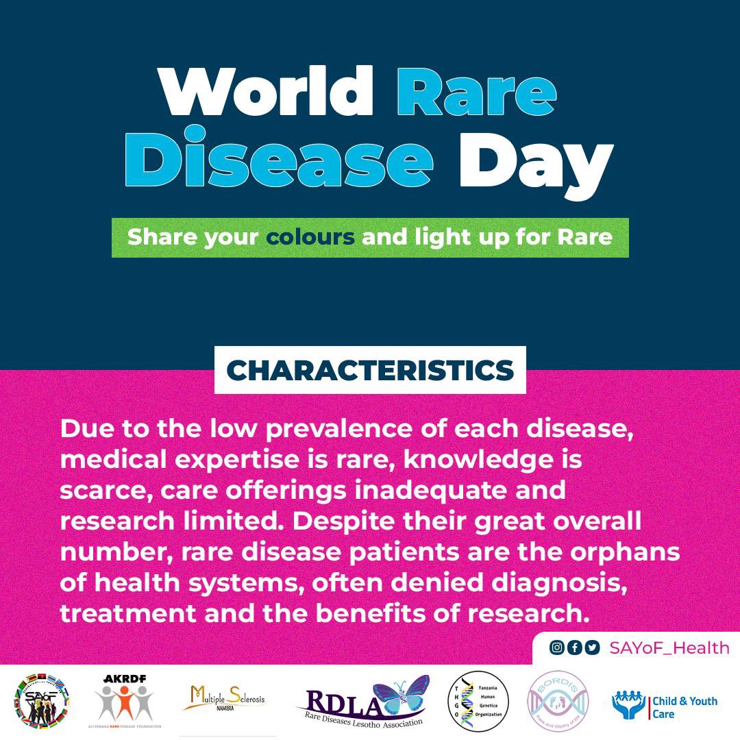 Towards #WorldRareDiseaseDay !

Due to the low prevalence of each disease, medical expertise is rare, knowledge is scarce, care offerings inadequate and research limited... #SADCYouth #ShareYourColours #LightUpForRare