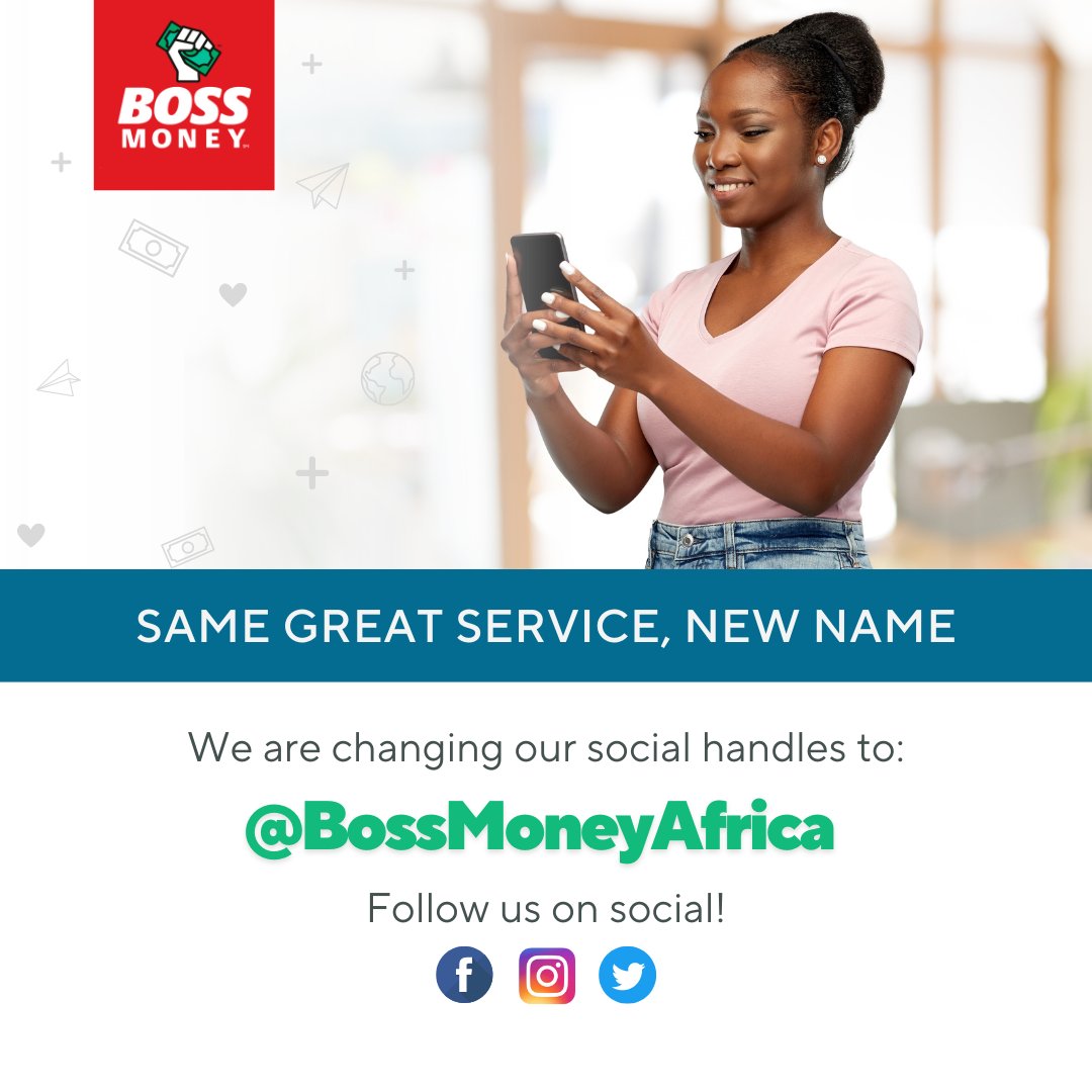BOSSMoneyAfrica's tweet photo. Still offering the same amazing services with a new name! You can now find us on social media with the handle @BOSSMoneyAfrica .
Follow us on Twitter, Instagram & Facebook!
#bossmoneyafrica #bossmoney #leafwallet #sendmoney #exchangecurrency https://t.co/uzkeODymNt