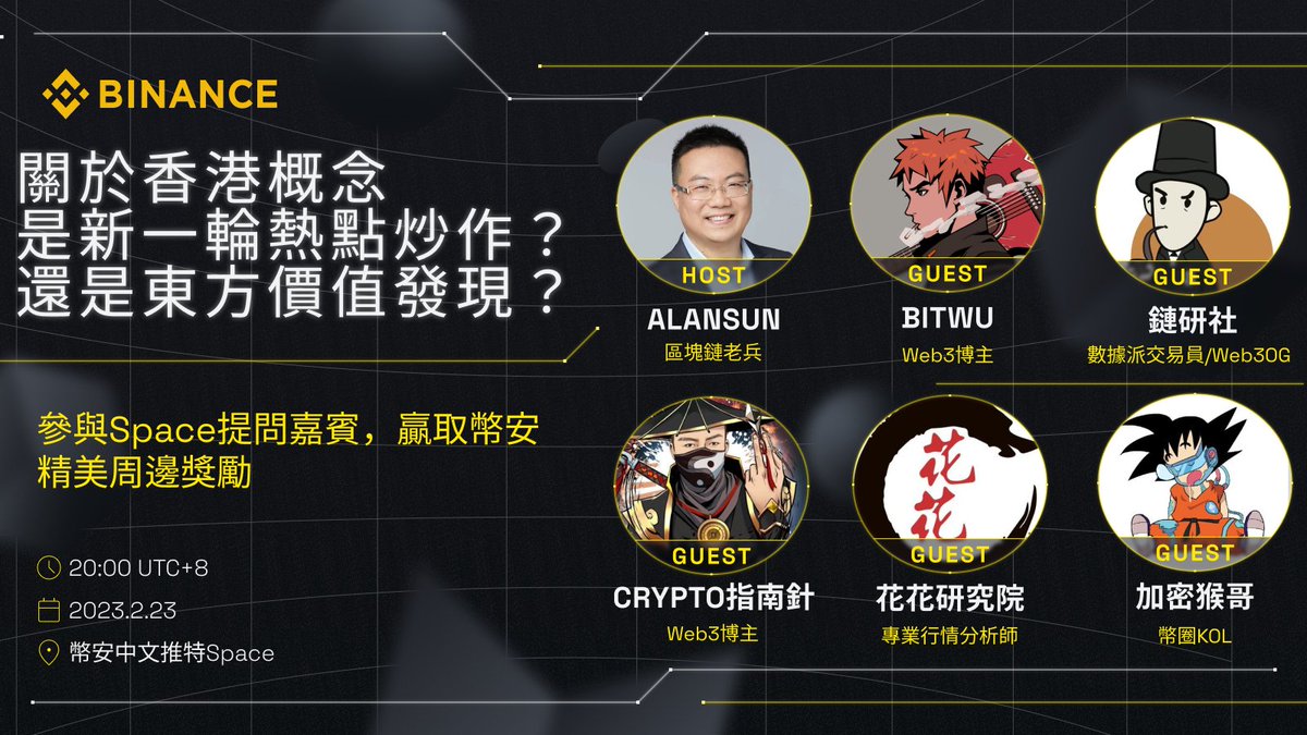 币安Spaces AMA】关于香港概念，是新一轮热点炒作？还是东方价值发现？ 🎙️主持： @AlanSunJet 🎤嘉宾： @BTW0205  @lianyanshe @bishengkegs @huahuayjy @monkeyjiang ⏰2.23  20:00，锁定👉https://t.co/ro6TCTielK 💰关注@binancezh +转推，5人瓜分100U