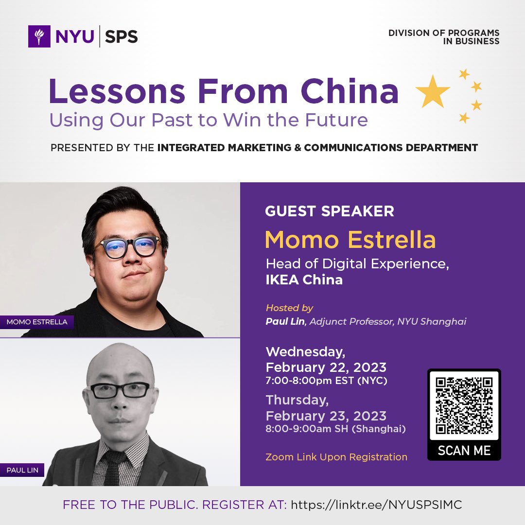 Come join me on Wed evening at 7pm in #NYC as I sit down with Momo, Head of Digital Experience at IKEA China to talk how they are going to win for the future. Free to attend online via <a href="/nyuspsimc/">NYU SPS Integrated Marketing & Communications</a> <a href="/nyuniversity/">New York University</a>