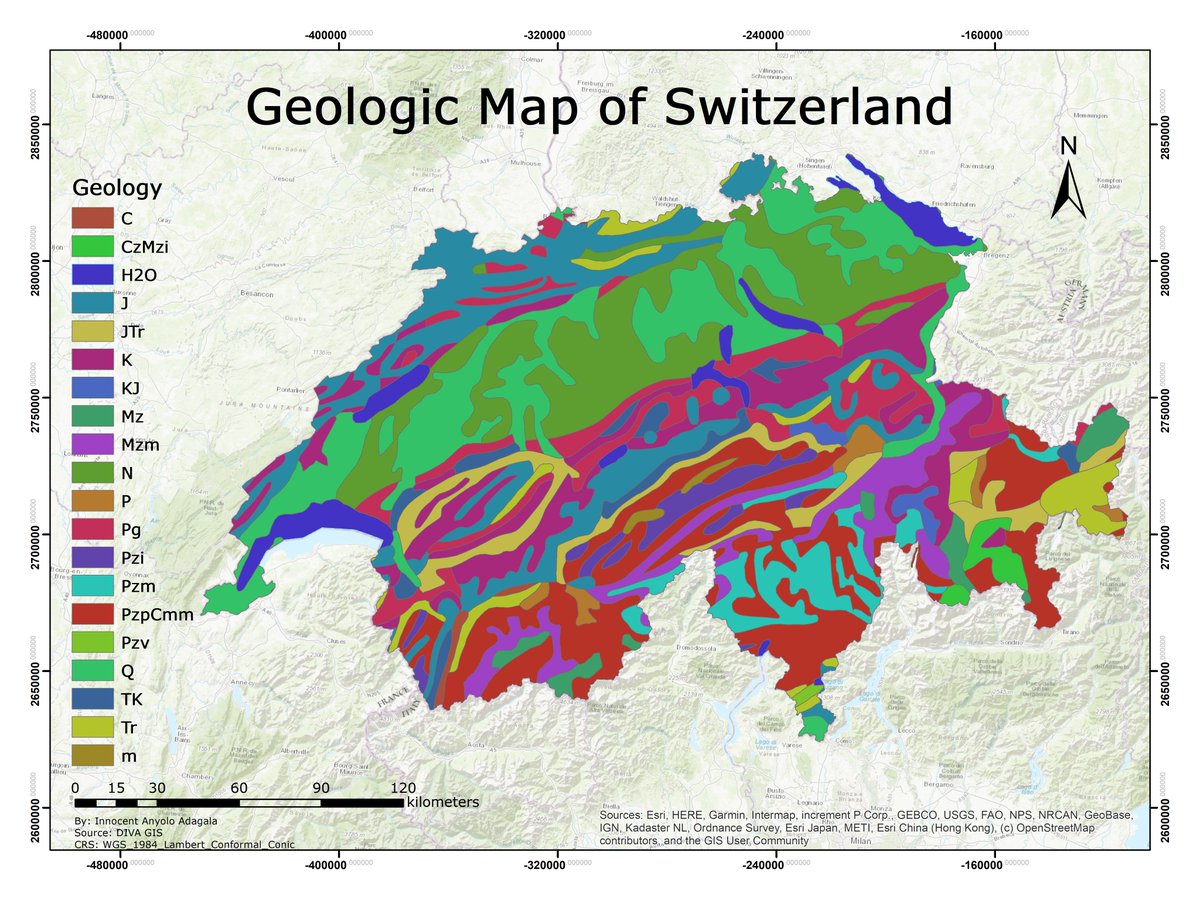 Geology is the study of the earth. Understanding earth history helps foresee how past events affect the future. Hazard areas can be identified and avoided. Below, a map showing Switzerland's geology. Can you identify the rocks shown?🙂
#geology #gismapping #cartography #spatial